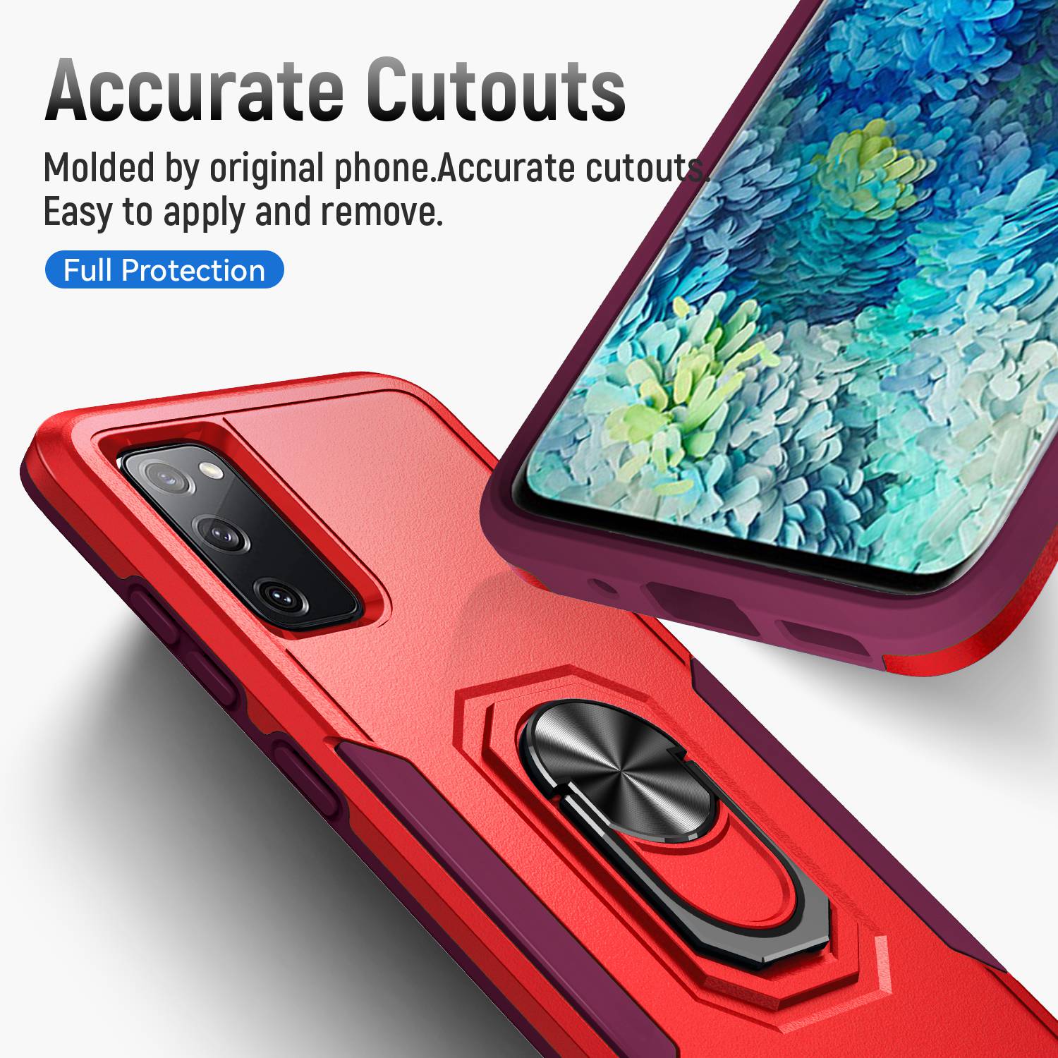 For Samsung Galaxy S20 FE 2022/S20 FE 4G/FE 5G/S20 Lite Defender Series Fingerprint Free PC + TPU Phone Cover Rotary Ring Kickstand Cellphone Case - Red/Rose