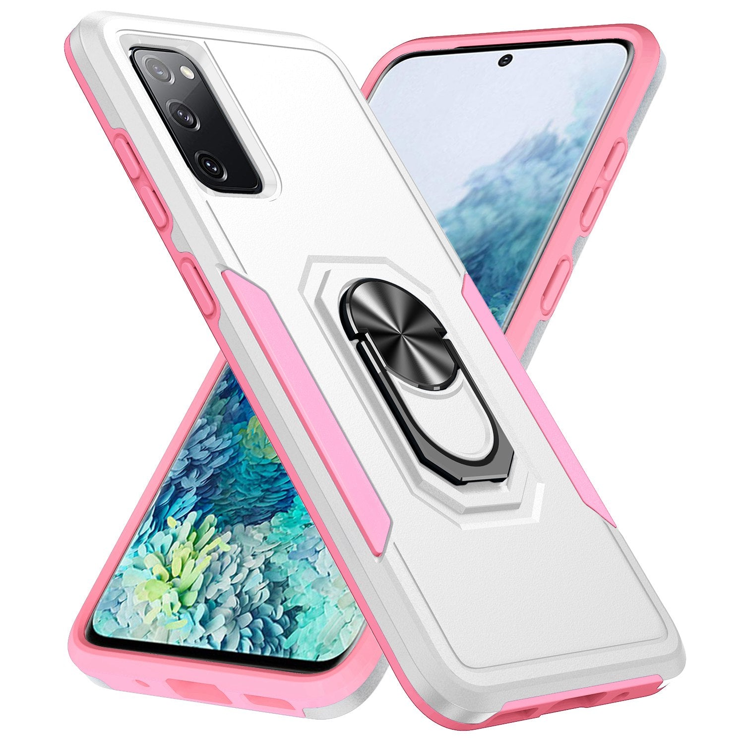 For Samsung Galaxy S20 FE 2022/S20 FE 4G/FE 5G/S20 Lite Defender Series Fingerprint Free PC + TPU Phone Cover Rotary Ring Kickstand Cellphone Case - White/Pink