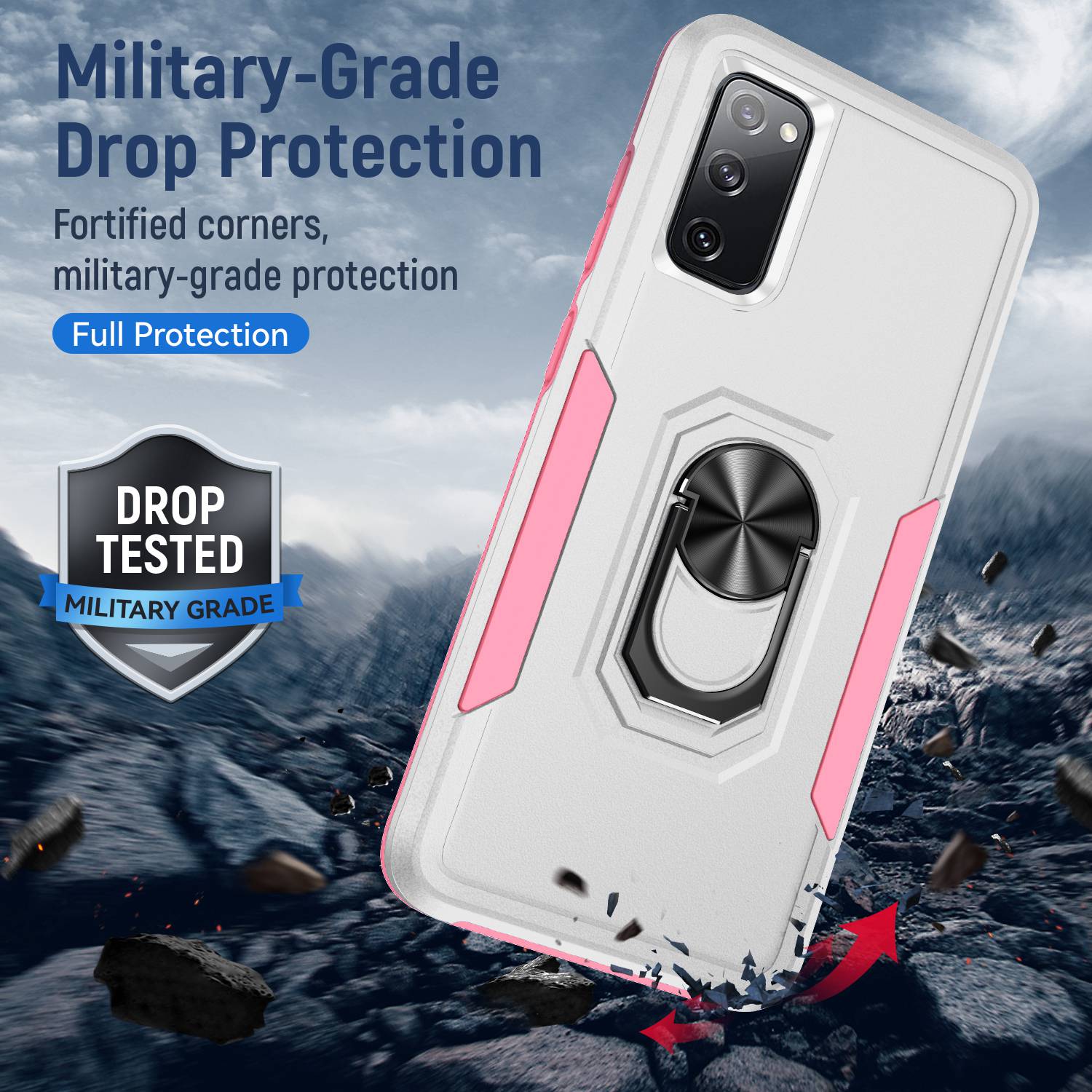 For Samsung Galaxy S20 FE 2022/S20 FE 4G/FE 5G/S20 Lite Defender Series Fingerprint Free PC + TPU Phone Cover Rotary Ring Kickstand Cellphone Case - White/Pink