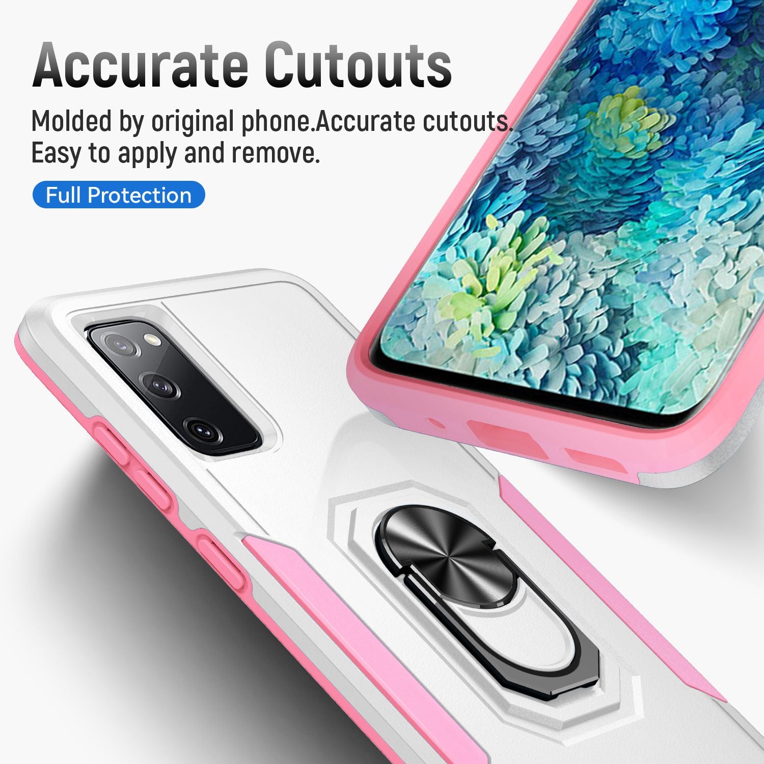 For Samsung Galaxy S20 FE 2022/S20 FE 4G/FE 5G/S20 Lite Defender Series Fingerprint Free PC + TPU Phone Cover Rotary Ring Kickstand Cellphone Case - White/Pink