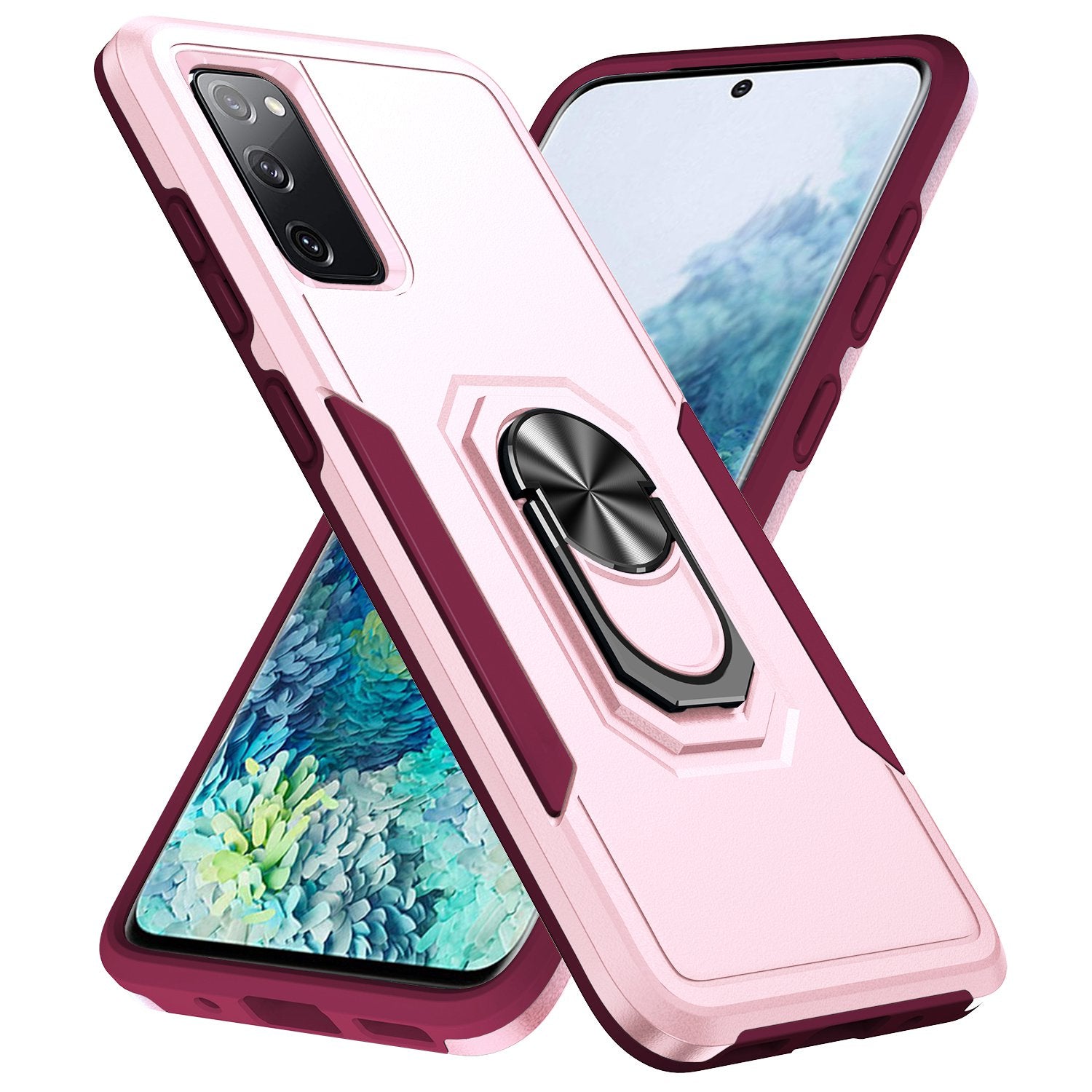 For Samsung Galaxy S20 FE 2022/S20 FE 4G/FE 5G/S20 Lite Defender Series Fingerprint Free PC + TPU Phone Cover Rotary Ring Kickstand Cellphone Case - Pink/Rose