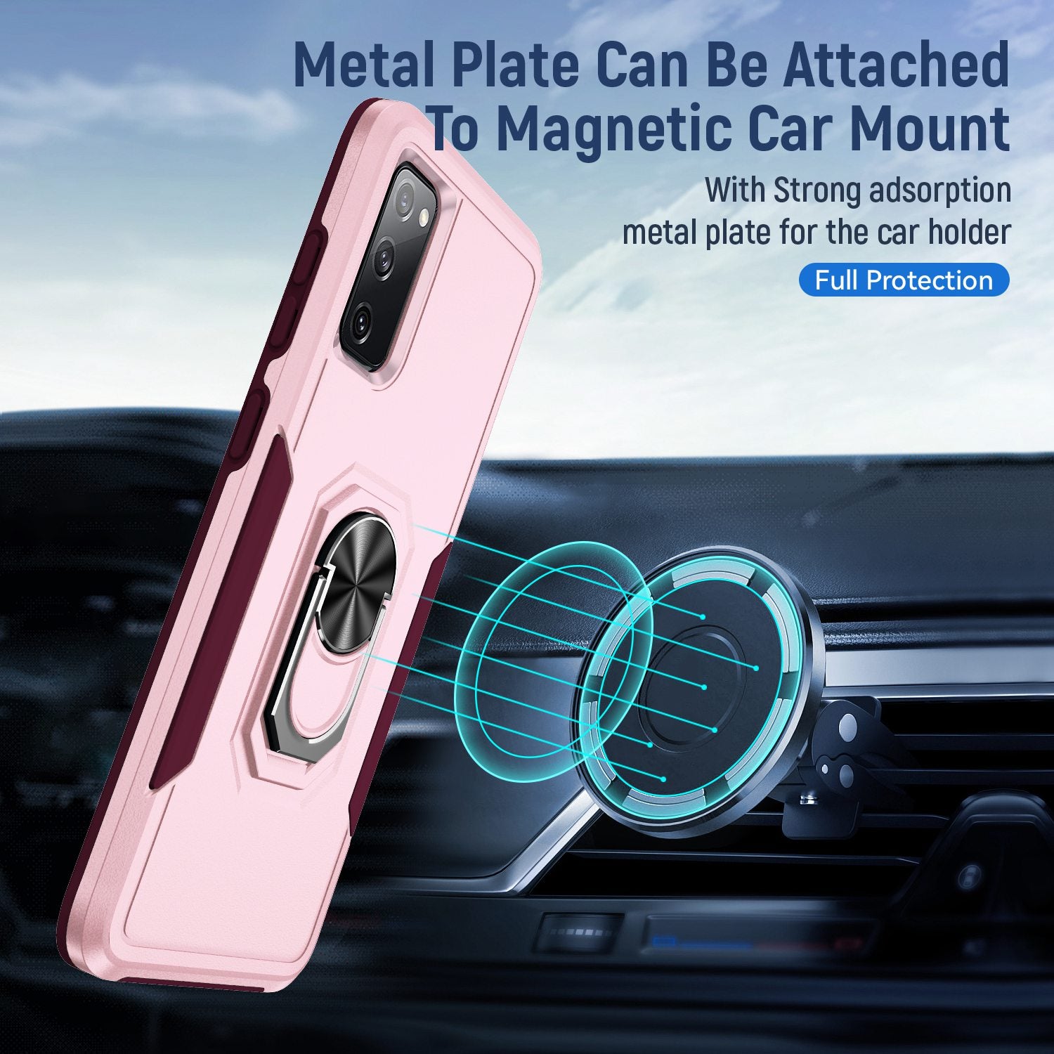 For Samsung Galaxy S20 FE 2022/S20 FE 4G/FE 5G/S20 Lite Defender Series Fingerprint Free PC + TPU Phone Cover Rotary Ring Kickstand Cellphone Case - Pink/Rose