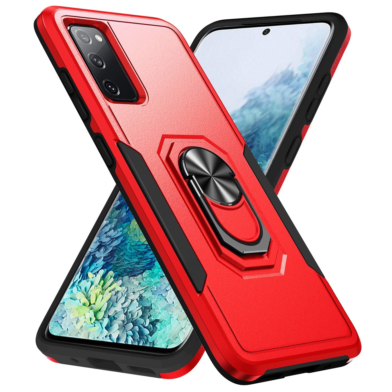 For Samsung Galaxy S20 FE 2022/S20 FE 4G/FE 5G/S20 Lite Defender Series Fingerprint Free PC + TPU Phone Cover Rotary Ring Kickstand Cellphone Case - Red/Black