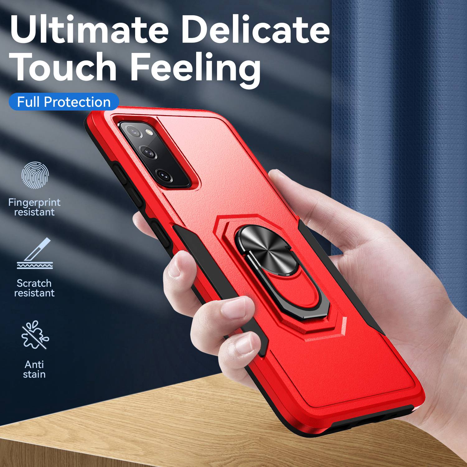 For Samsung Galaxy S20 FE 2022/S20 FE 4G/FE 5G/S20 Lite Defender Series Fingerprint Free PC + TPU Phone Cover Rotary Ring Kickstand Cellphone Case - Red/Black