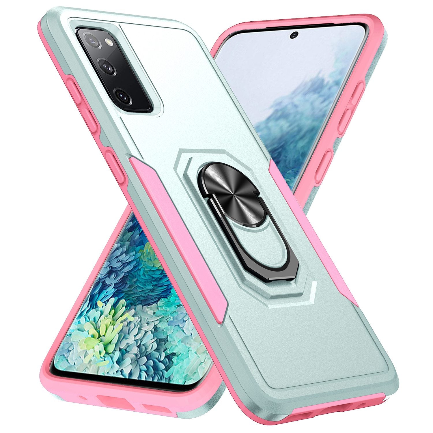 For Samsung Galaxy S20 FE 2022/S20 FE 4G/FE 5G/S20 Lite Defender Series Fingerprint Free PC + TPU Phone Cover Rotary Ring Kickstand Cellphone Case - Green/Pink