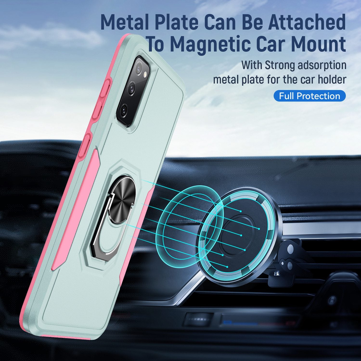 For Samsung Galaxy S20 FE 2022/S20 FE 4G/FE 5G/S20 Lite Defender Series Fingerprint Free PC + TPU Phone Cover Rotary Ring Kickstand Cellphone Case - Green/Pink