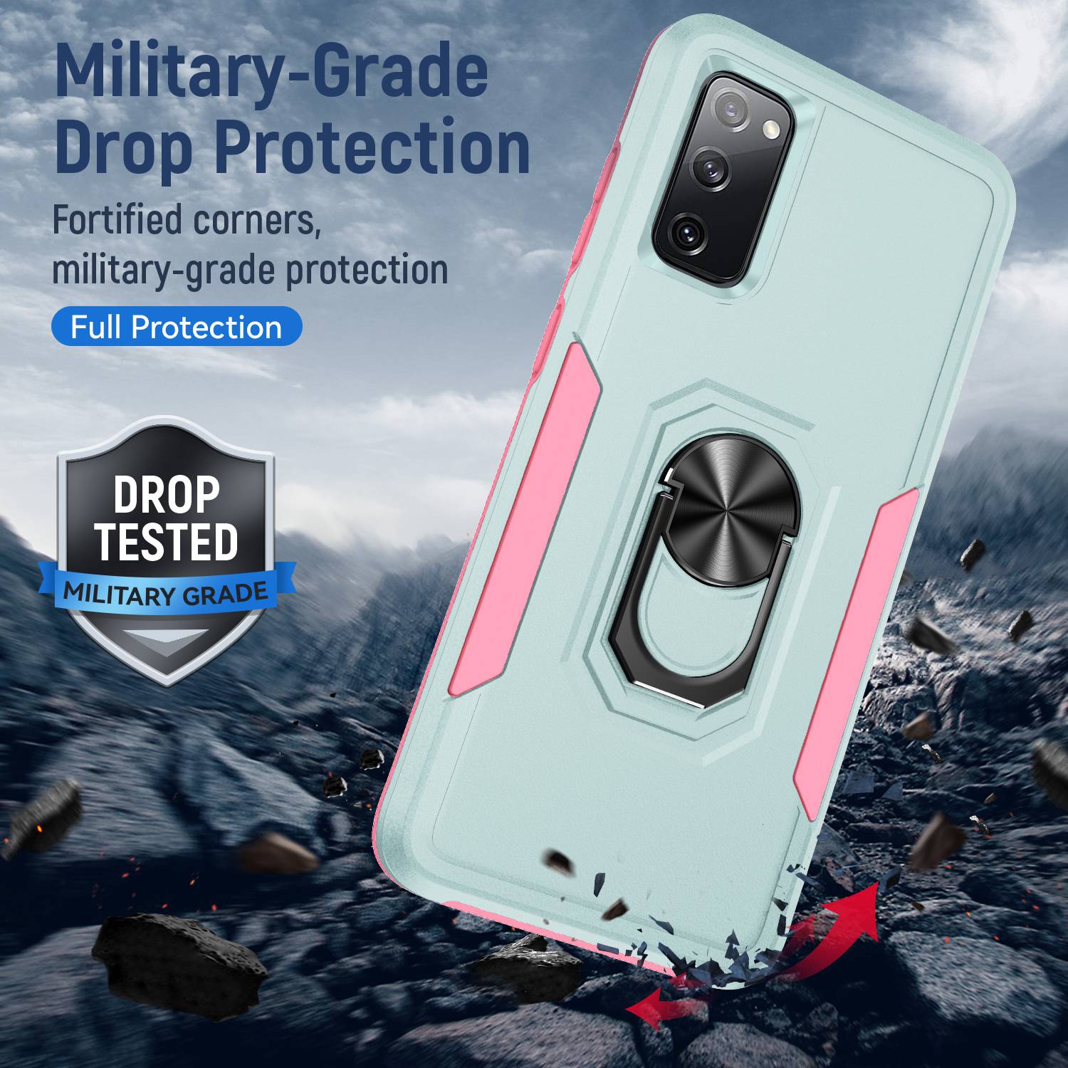 For Samsung Galaxy S20 FE 2022/S20 FE 4G/FE 5G/S20 Lite Defender Series Fingerprint Free PC + TPU Phone Cover Rotary Ring Kickstand Cellphone Case - Green/Pink