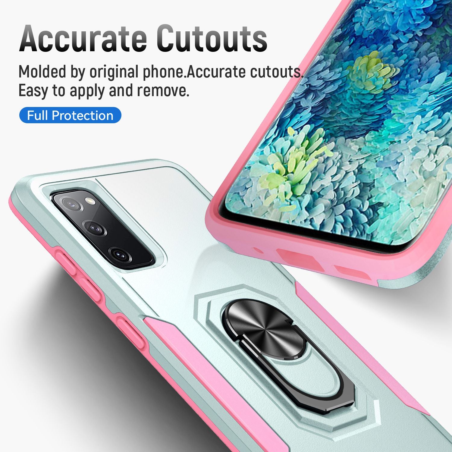 For Samsung Galaxy S20 FE 2022/S20 FE 4G/FE 5G/S20 Lite Defender Series Fingerprint Free PC + TPU Phone Cover Rotary Ring Kickstand Cellphone Case - Green/Pink