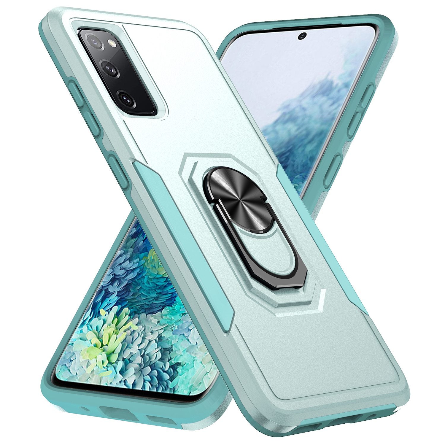 For Samsung Galaxy S20 FE 2022/S20 FE 4G/FE 5G/S20 Lite Defender Series Fingerprint Free PC + TPU Phone Cover Rotary Ring Kickstand Cellphone Case - Green/Green