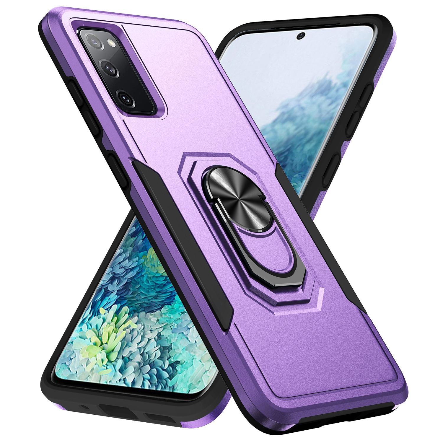 For Samsung Galaxy S20 FE 2022/S20 FE 4G/FE 5G/S20 Lite Defender Series Fingerprint Free PC + TPU Phone Cover Rotary Ring Kickstand Cellphone Case - Purple/Black