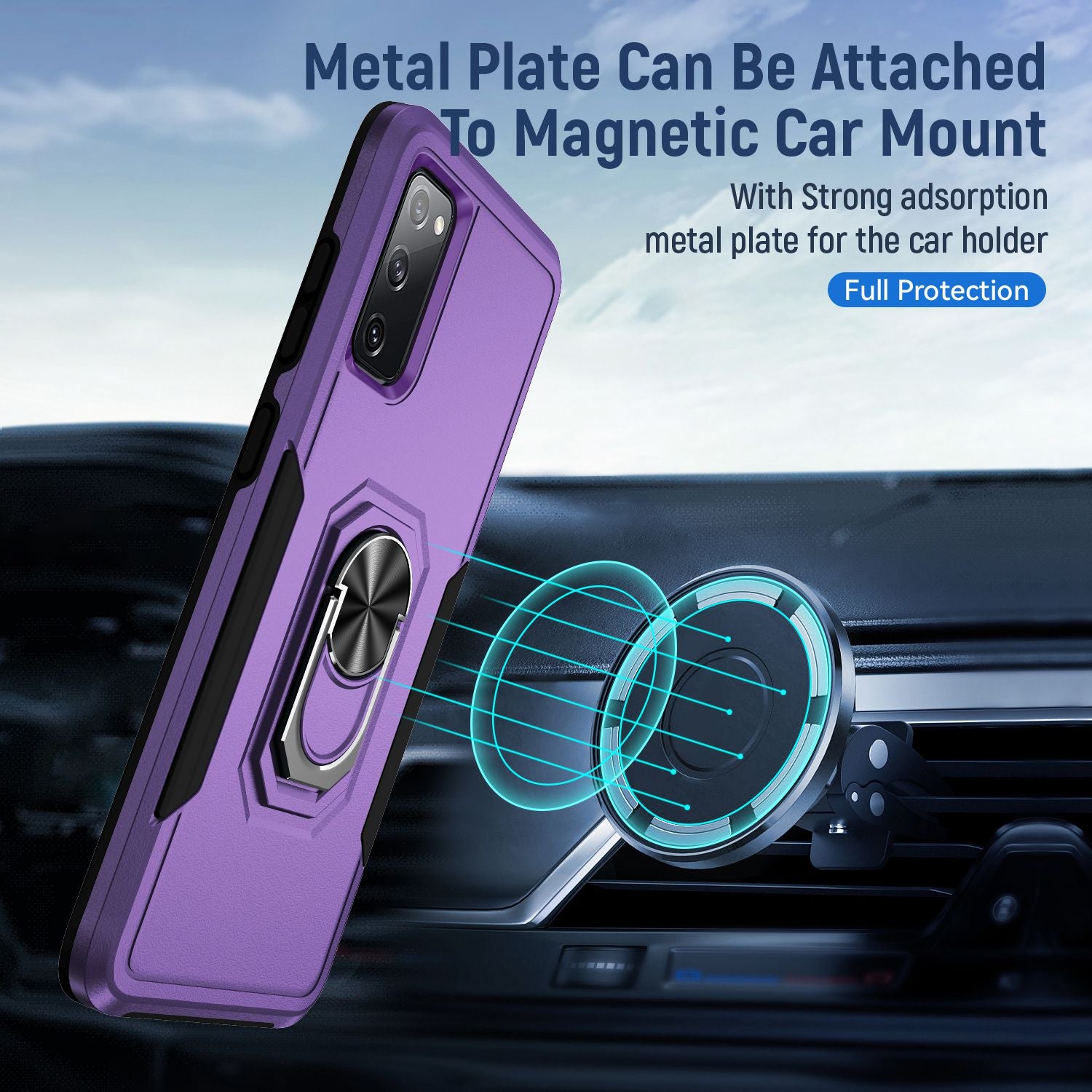 For Samsung Galaxy S20 FE 2022/S20 FE 4G/FE 5G/S20 Lite Defender Series Fingerprint Free PC + TPU Phone Cover Rotary Ring Kickstand Cellphone Case - Purple/Black