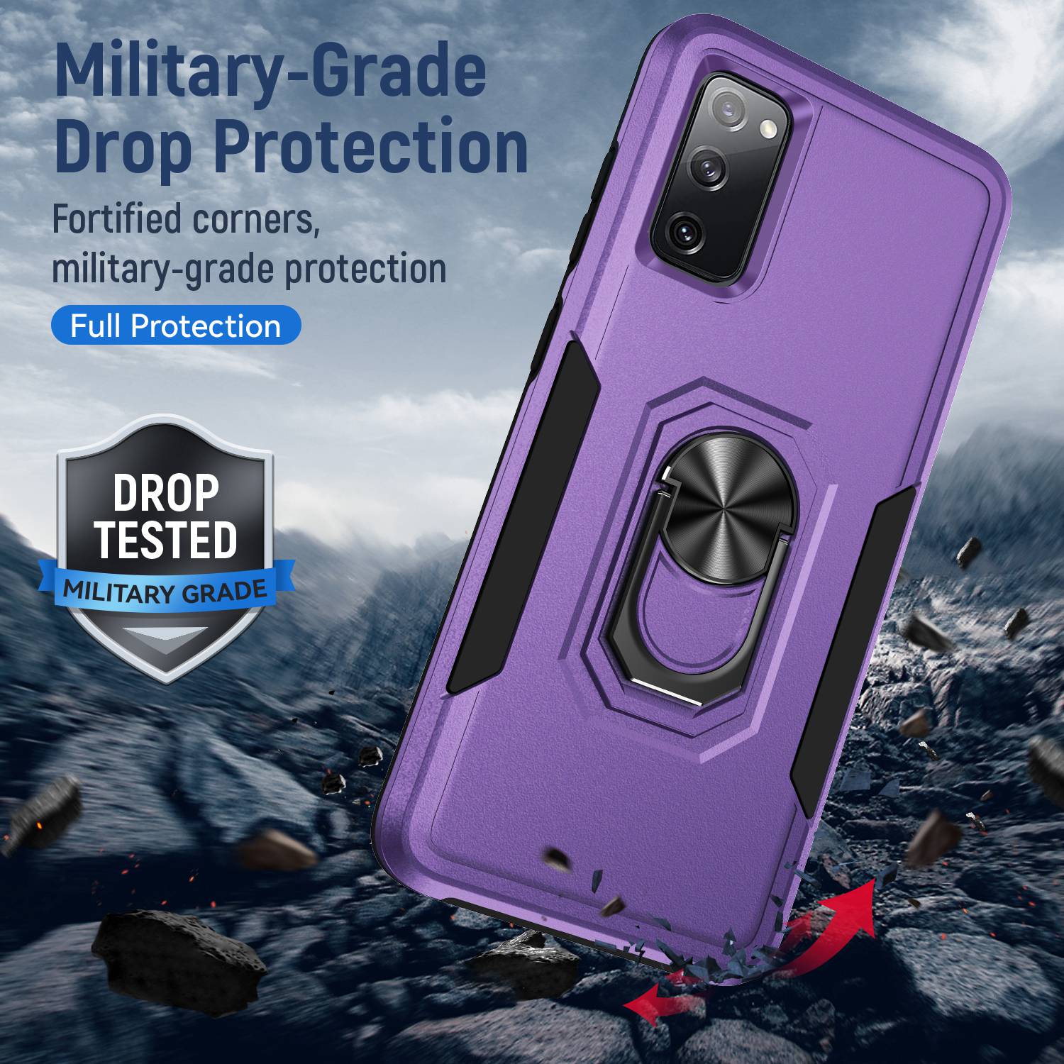 For Samsung Galaxy S20 FE 2022/S20 FE 4G/FE 5G/S20 Lite Defender Series Fingerprint Free PC + TPU Phone Cover Rotary Ring Kickstand Cellphone Case - Purple/Black