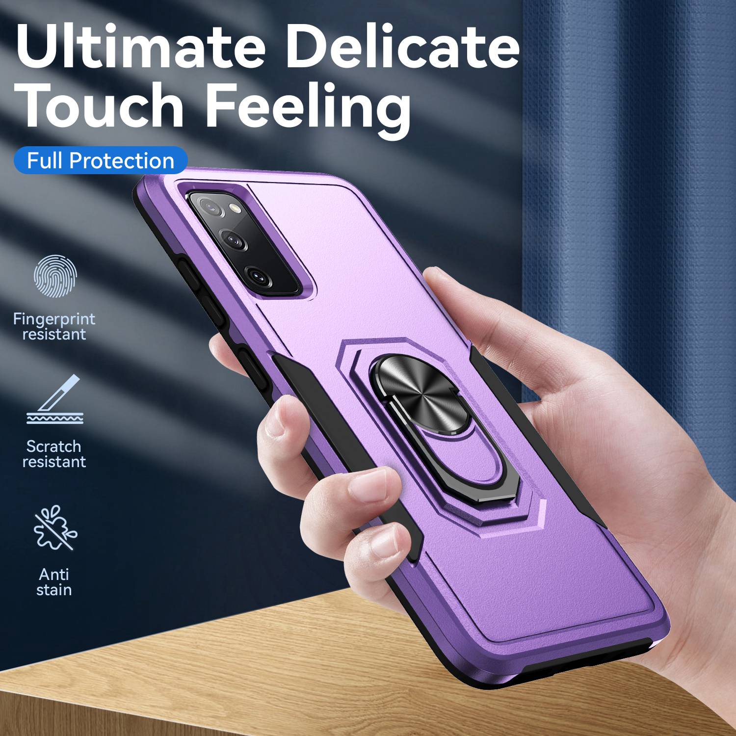 For Samsung Galaxy S20 FE 2022/S20 FE 4G/FE 5G/S20 Lite Defender Series Fingerprint Free PC + TPU Phone Cover Rotary Ring Kickstand Cellphone Case - Purple/Black