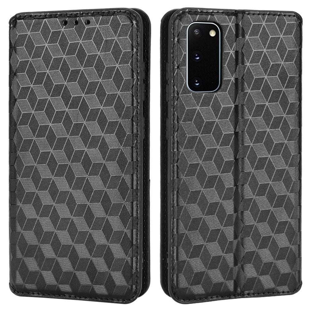 For Samsung Galaxy S20 4G/5G Shockproof PU Leather Stand Design Phone Case Imprinted Rhombus Magnetic Auto-Closing Shell with Wallet - Black