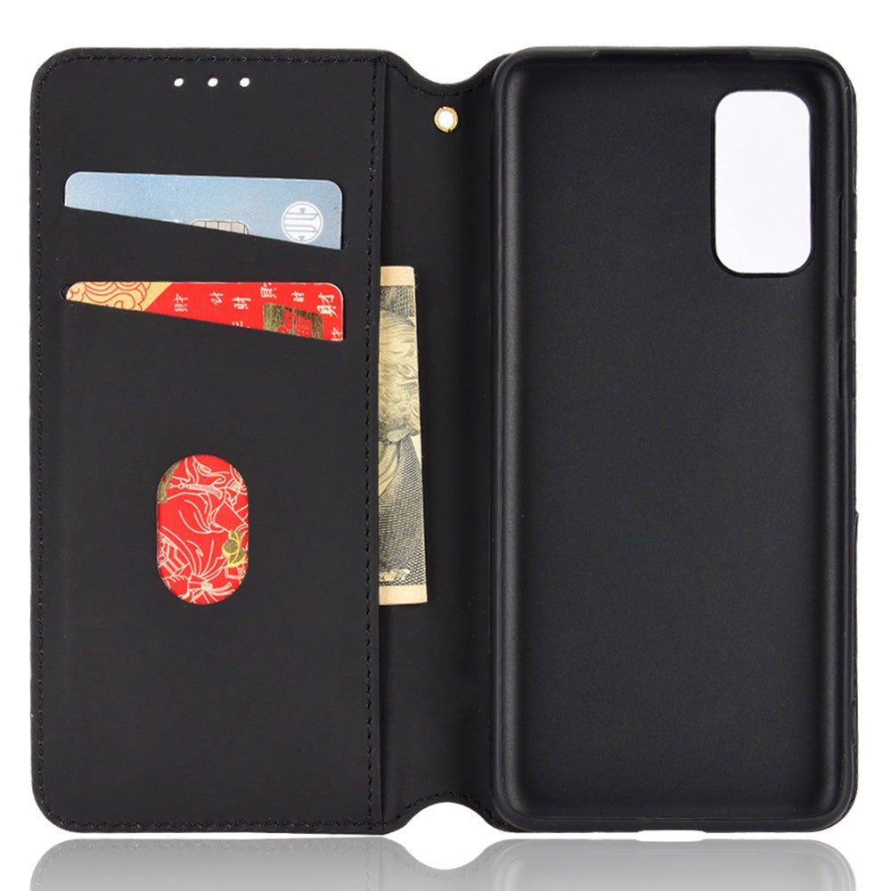 For Samsung Galaxy S20 4G/5G Shockproof PU Leather Stand Design Phone Case Imprinted Rhombus Magnetic Auto-Closing Shell with Wallet - Black