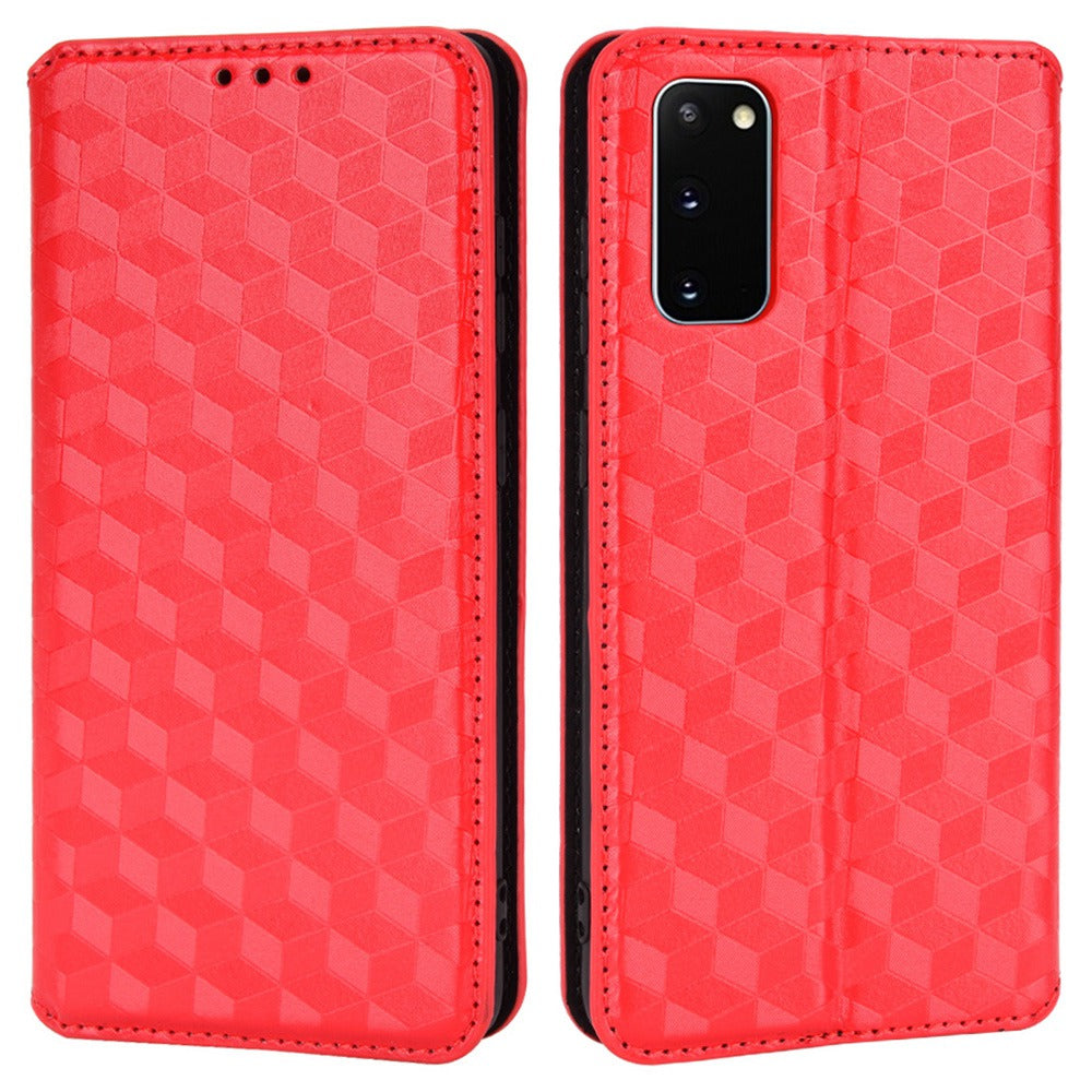 For Samsung Galaxy S20 4G/5G Shockproof PU Leather Stand Design Phone Case Imprinted Rhombus Magnetic Auto-Closing Shell with Wallet - Red