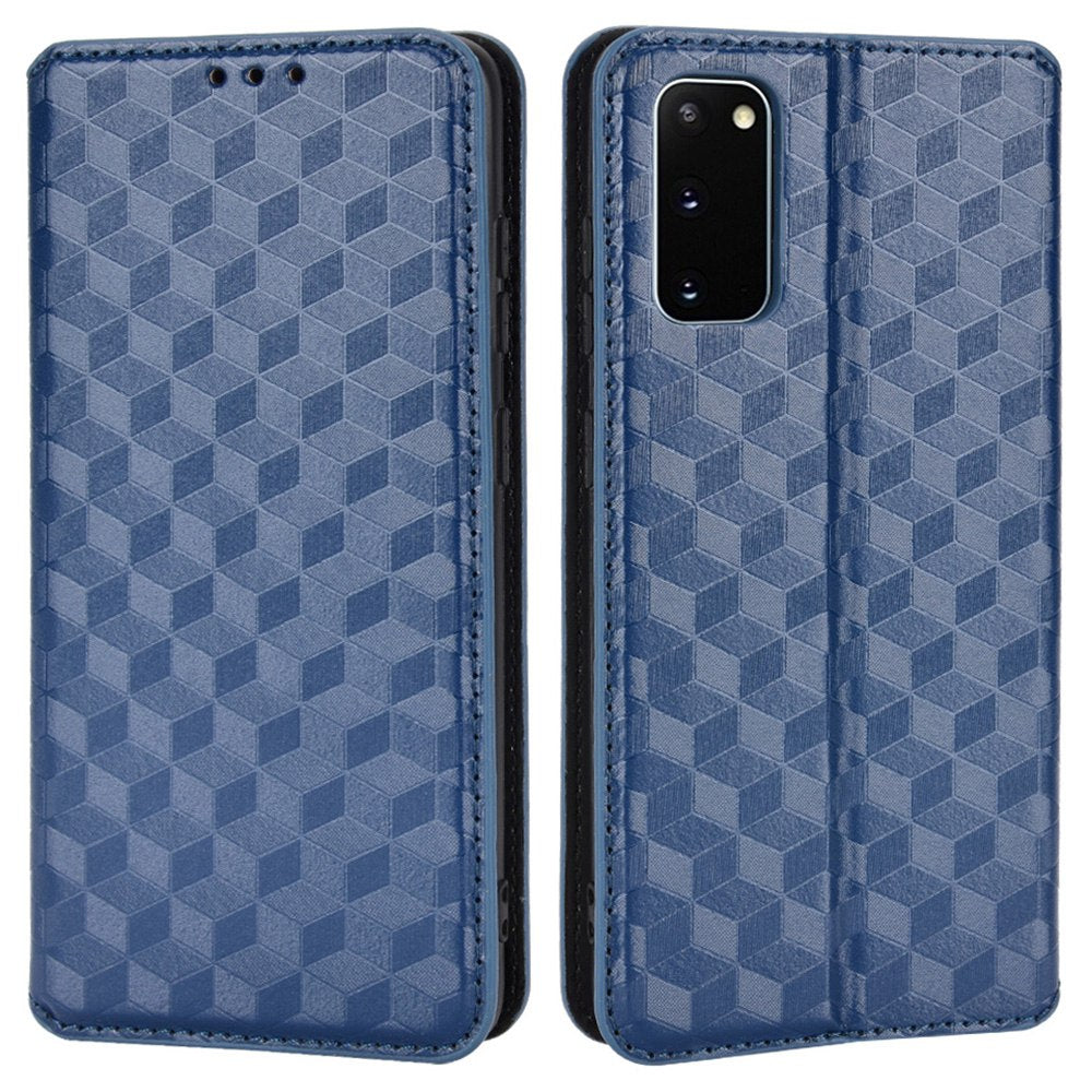 For Samsung Galaxy S20 4G/5G Shockproof PU Leather Stand Design Phone Case Imprinted Rhombus Magnetic Auto-Closing Shell with Wallet - Blue