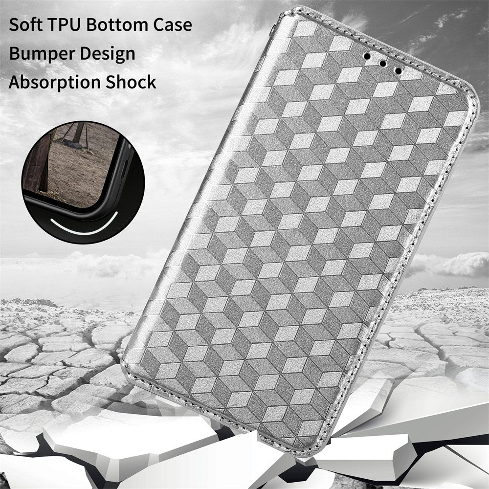 For Samsung Galaxy S20 4G/5G Shockproof PU Leather Stand Design Phone Case Imprinted Rhombus Magnetic Auto-Closing Shell with Wallet - Silver