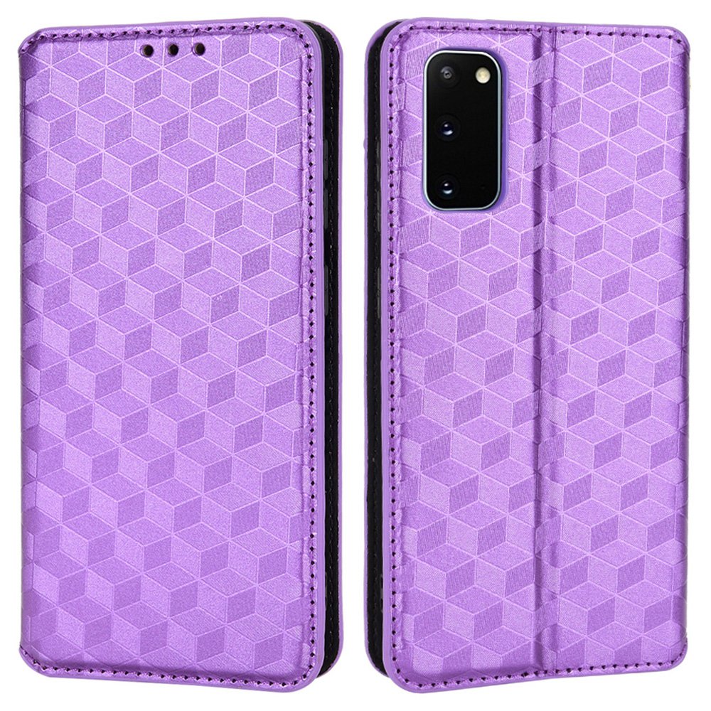 For Samsung Galaxy S20 4G/5G Shockproof PU Leather Stand Design Phone Case Imprinted Rhombus Magnetic Auto-Closing Shell with Wallet - Purple