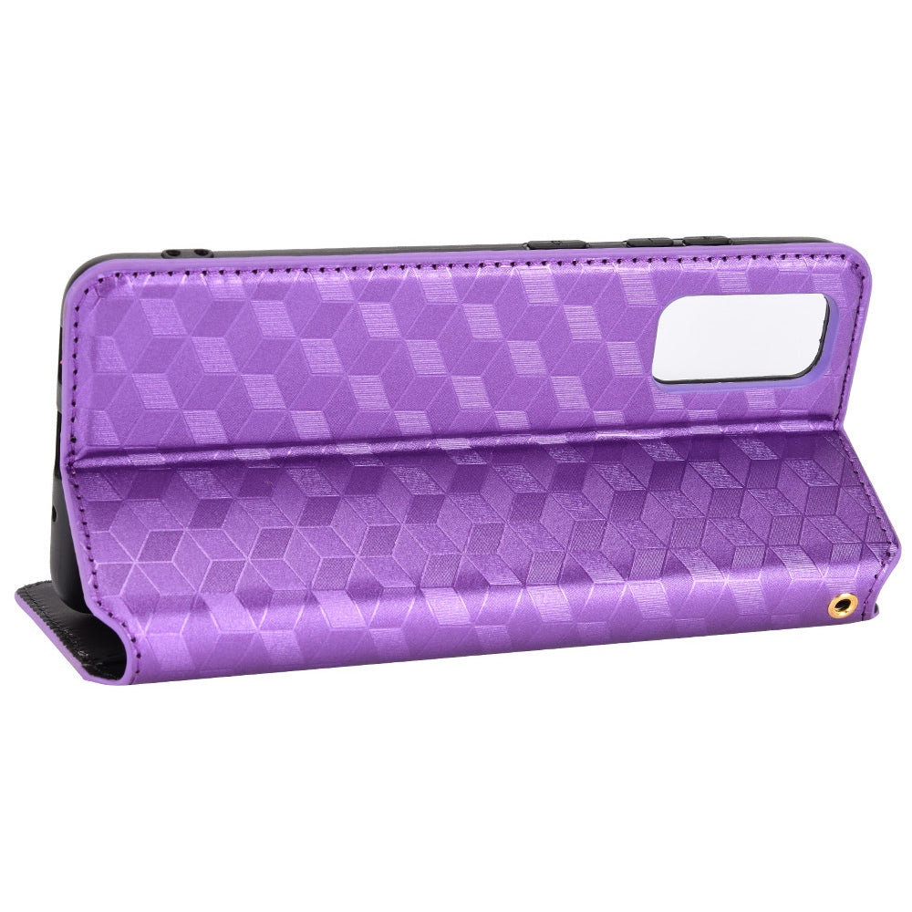 For Samsung Galaxy S20 4G/5G Shockproof PU Leather Stand Design Phone Case Imprinted Rhombus Magnetic Auto-Closing Shell with Wallet - Purple