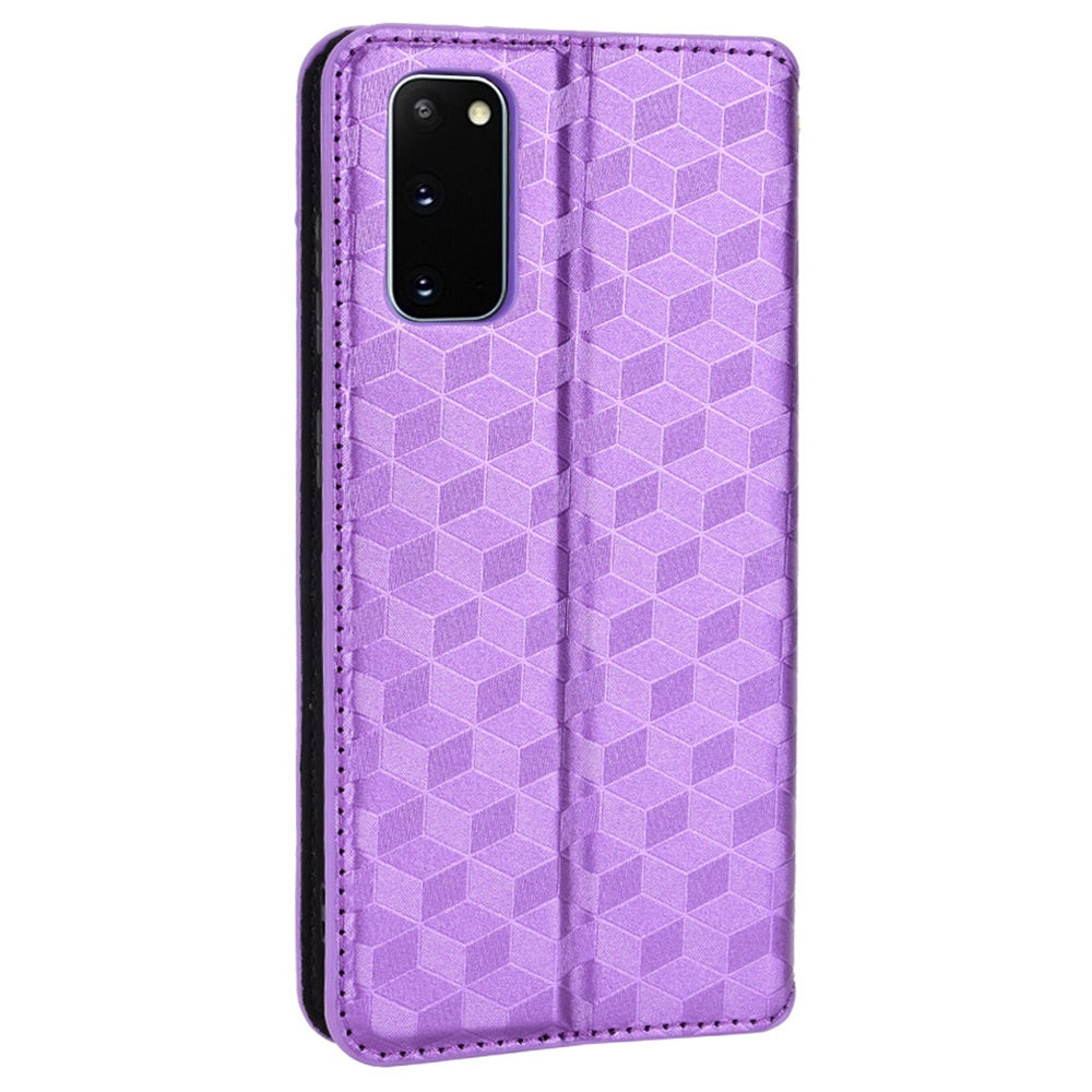 For Samsung Galaxy S20 4G/5G Shockproof PU Leather Stand Design Phone Case Imprinted Rhombus Magnetic Auto-Closing Shell with Wallet - Purple