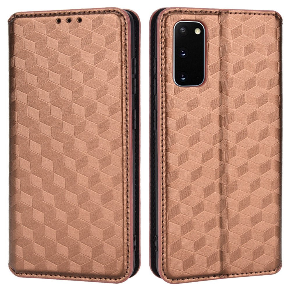 For Samsung Galaxy S20 4G/5G Shockproof PU Leather Stand Design Phone Case Imprinted Rhombus Magnetic Auto-Closing Shell with Wallet - Brown