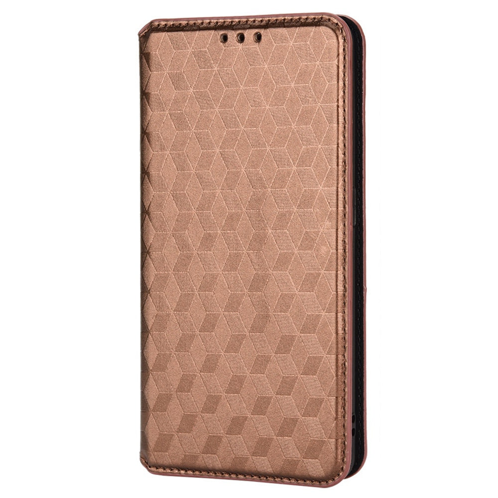 For Samsung Galaxy S20 4G/5G Shockproof PU Leather Stand Design Phone Case Imprinted Rhombus Magnetic Auto-Closing Shell with Wallet - Brown