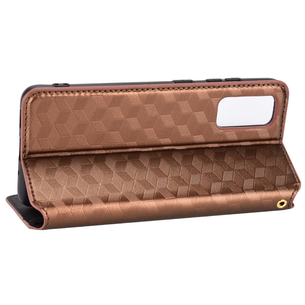 For Samsung Galaxy S20 FE 2022/S20 FE 4G/5G/S20 Lite PU Leather Stand Design Anti-Scratch Phone Wallet Case Imprinted Rhombus Magnetic Auto-Closing Shell - Brown