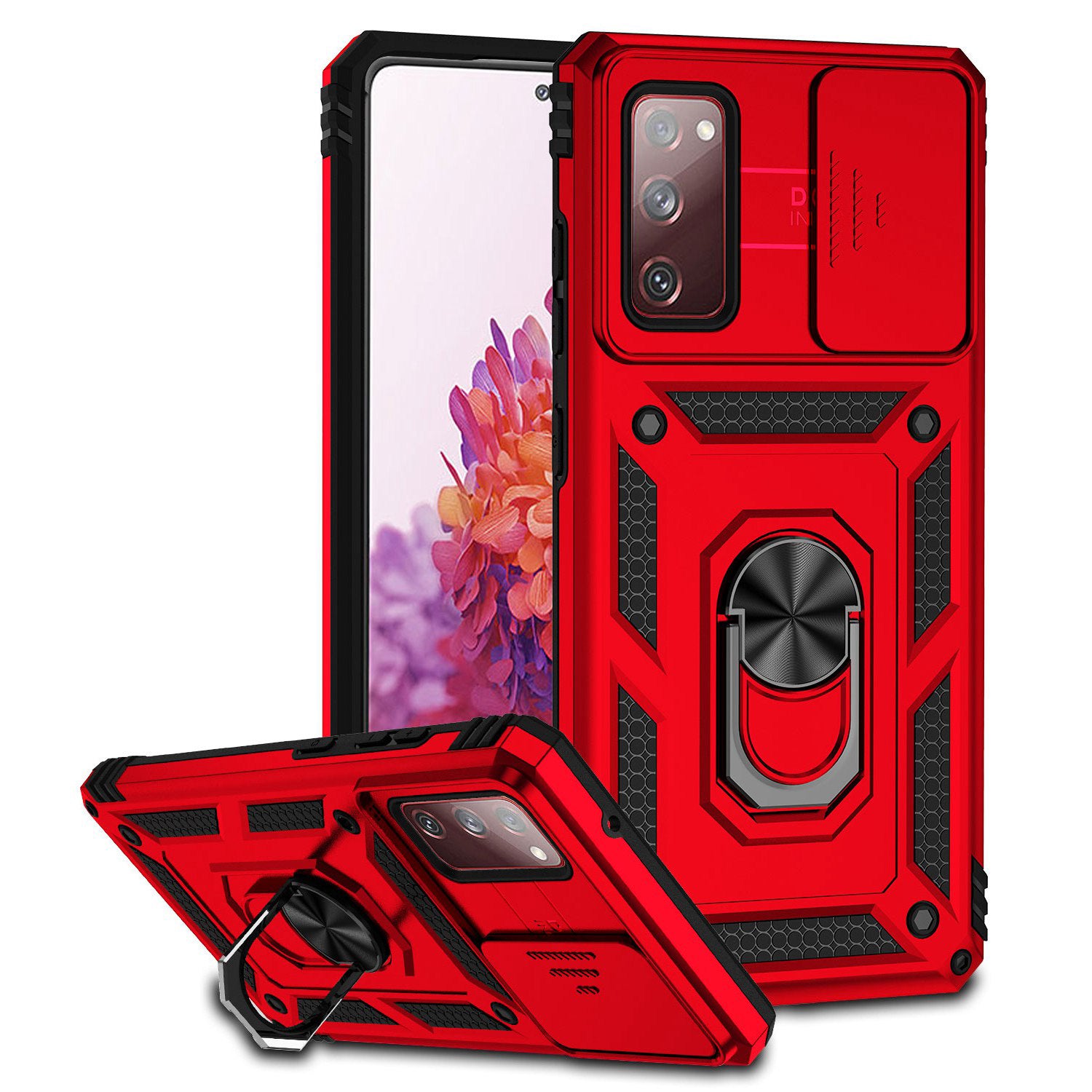 For Samsung Galaxy S20 FE 2022/S20 FE 4G/FE 5G/S20 Lite Slide Camera Protector PC + TPU Case Drop-resistant Kickstand Phone Shell - Red