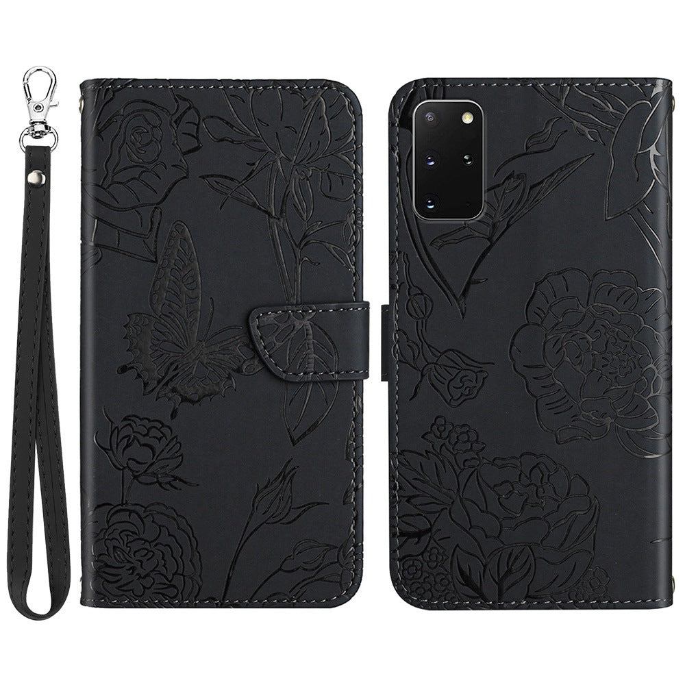 For Samsung Galaxy S20 Plus 4G/5G Butterfly Flower Pattern Imprinted Folding Stand Case Skin-touch Feeling PU Leather Wallet Style Flip Cover with Strap - Black