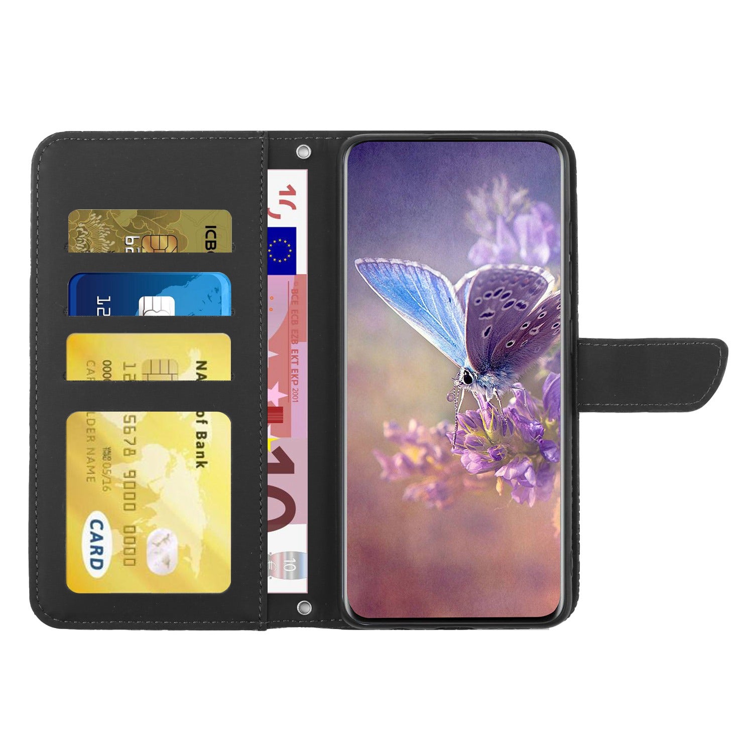 For Samsung Galaxy S20 Plus 4G/5G Butterfly Flower Pattern Imprinted Folding Stand Case Skin-touch Feeling PU Leather Wallet Style Flip Cover with Strap - Black