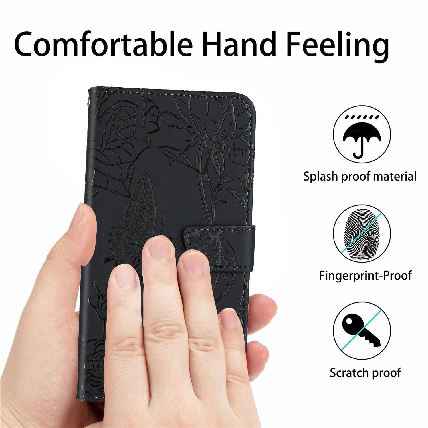 For Samsung Galaxy S20 Plus 4G/5G Butterfly Flower Pattern Imprinted Folding Stand Case Skin-touch Feeling PU Leather Wallet Style Flip Cover with Strap - Black