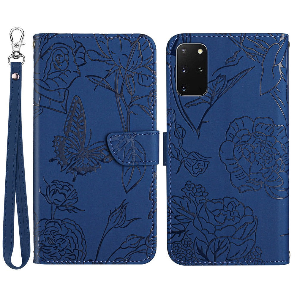 For Samsung Galaxy S20 Plus 4G/5G Butterfly Flower Pattern Imprinted Folding Stand Case Skin-touch Feeling PU Leather Wallet Style Flip Cover with Strap - Blue