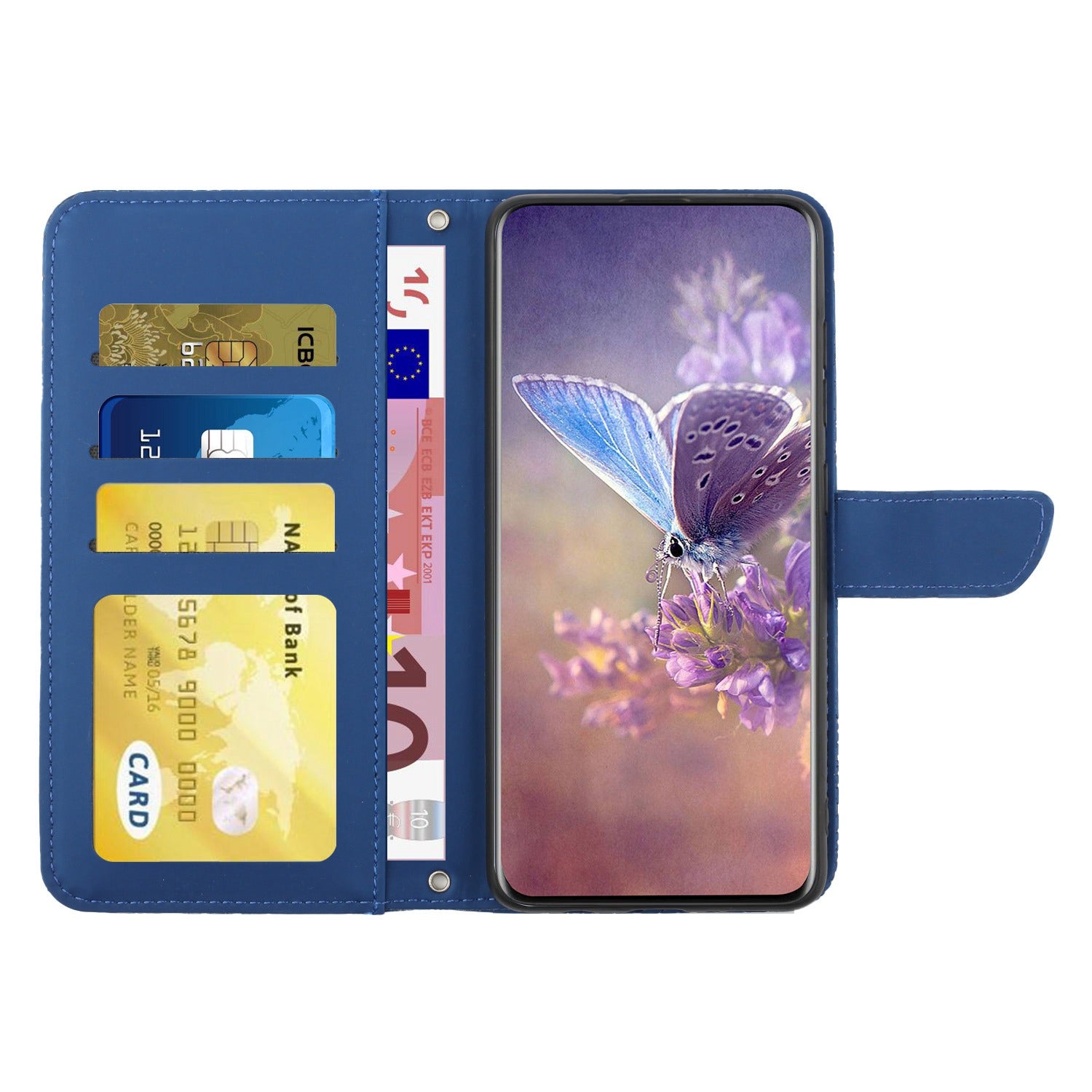 For Samsung Galaxy S20 Plus 4G/5G Butterfly Flower Pattern Imprinted Folding Stand Case Skin-touch Feeling PU Leather Wallet Style Flip Cover with Strap - Blue