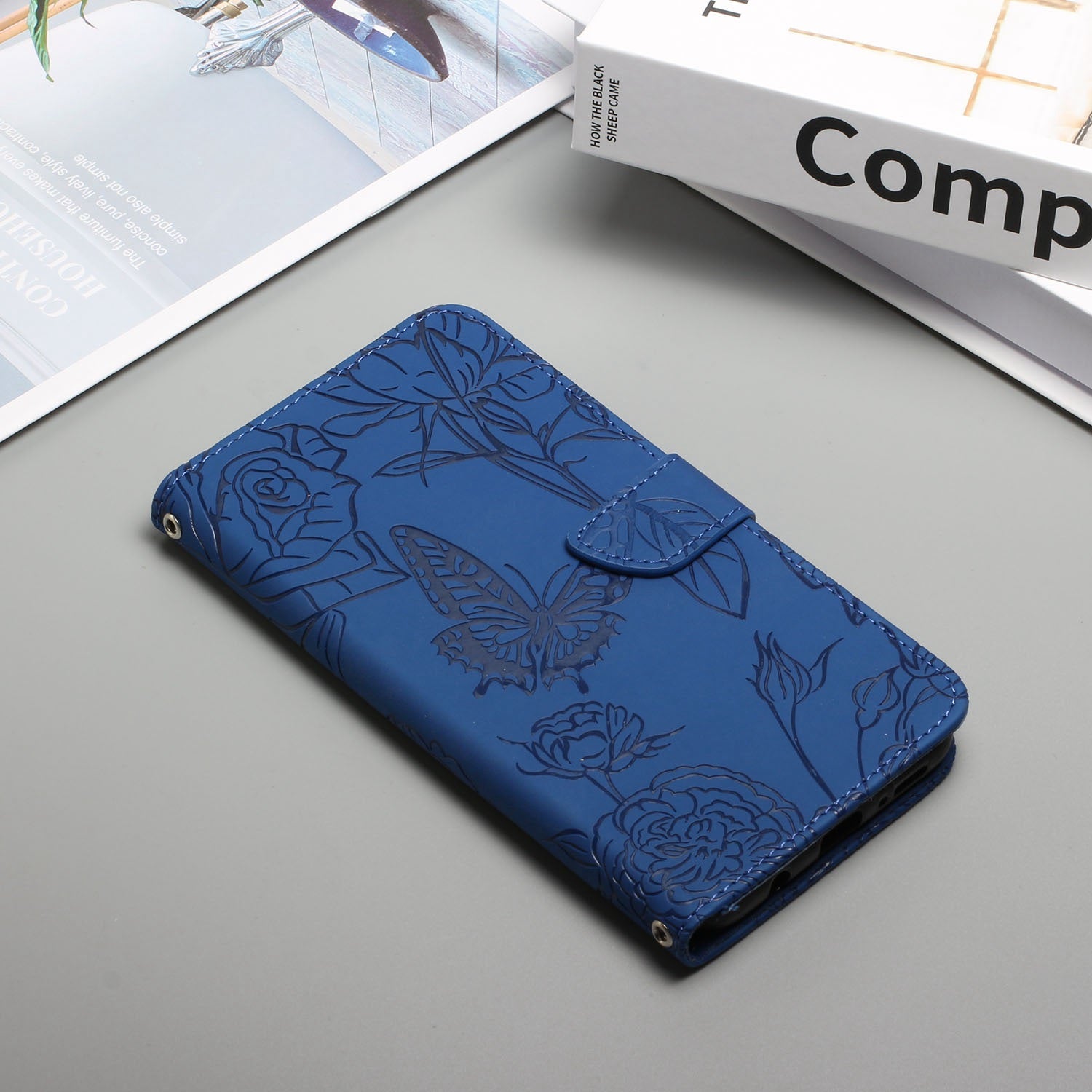 For Samsung Galaxy S20 Plus 4G/5G Butterfly Flower Pattern Imprinted Folding Stand Case Skin-touch Feeling PU Leather Wallet Style Flip Cover with Strap - Blue