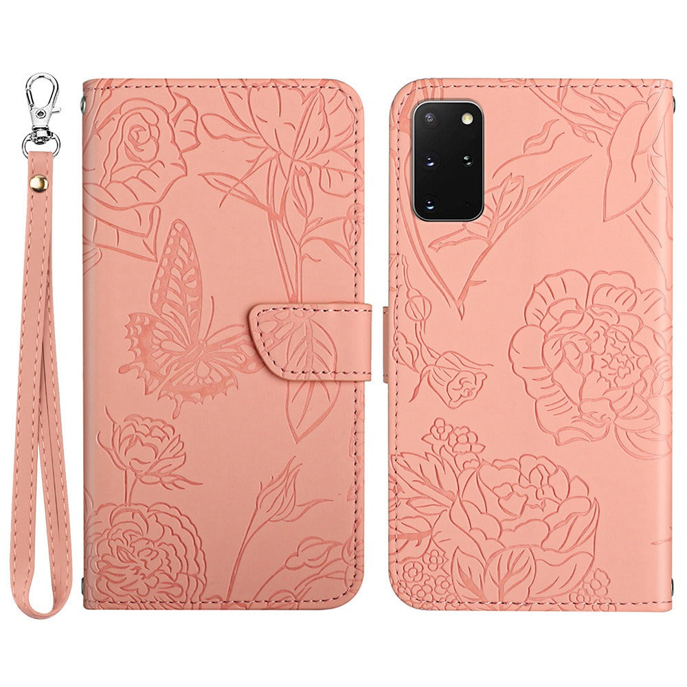 For Samsung Galaxy S20 Plus 4G/5G Butterfly Flower Pattern Imprinted Folding Stand Case Skin-touch Feeling PU Leather Wallet Style Flip Cover with Strap - Pink