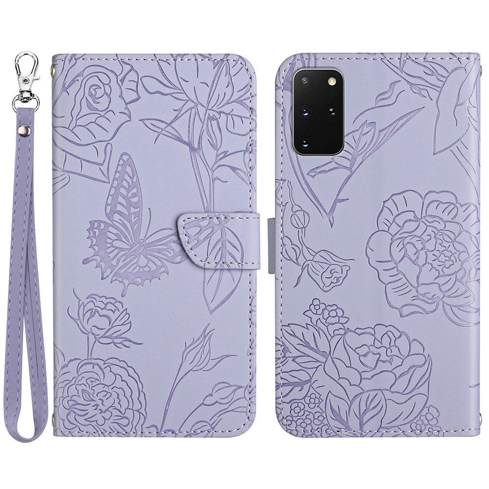 For Samsung Galaxy S20 Plus 4G/5G Butterfly Flower Pattern Imprinted Folding Stand Case Skin-touch Feeling PU Leather Wallet Style Flip Cover with Strap - Light Purple