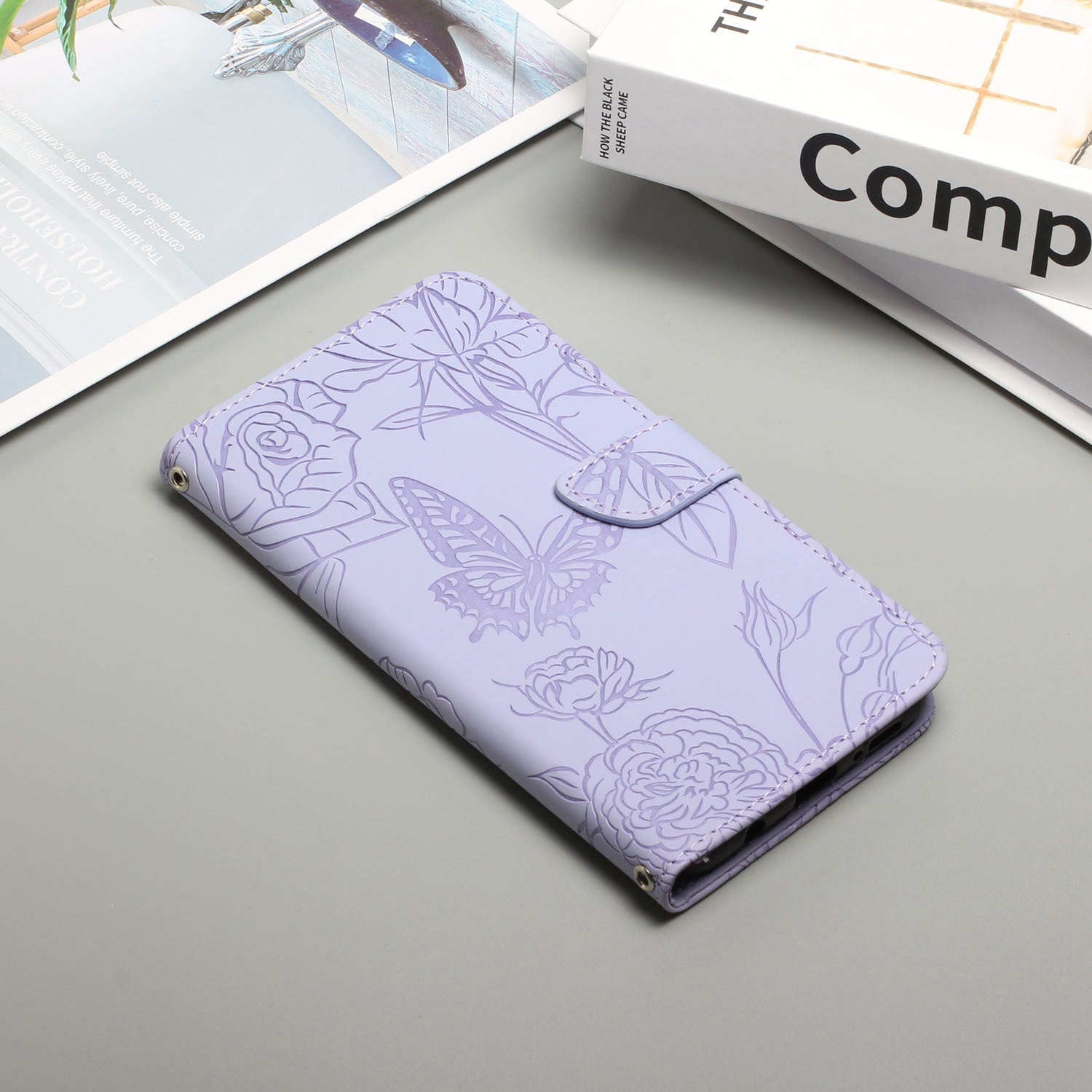 For Samsung Galaxy S20 Plus 4G/5G Butterfly Flower Pattern Imprinted Folding Stand Case Skin-touch Feeling PU Leather Wallet Style Flip Cover with Strap - Light Purple