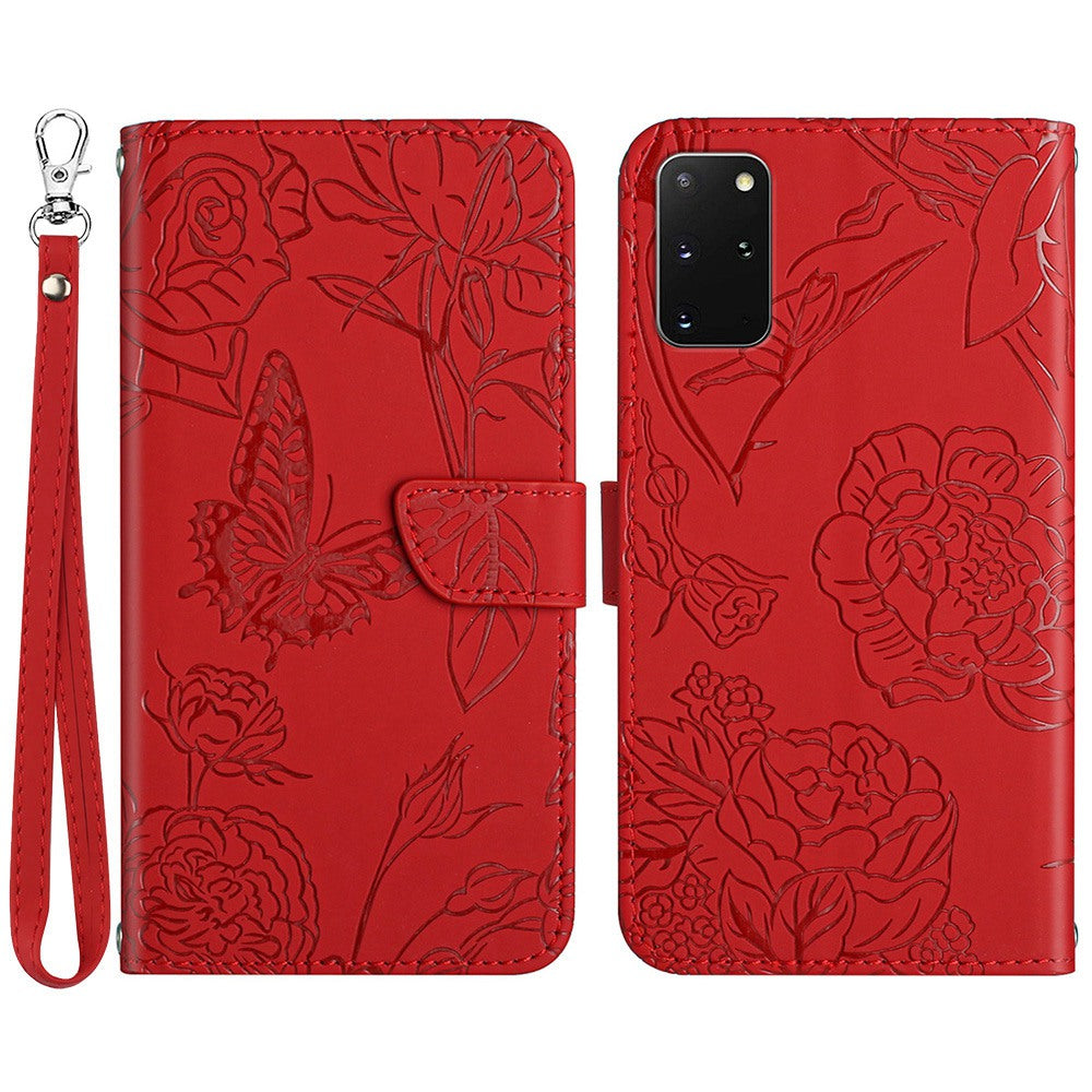 For Samsung Galaxy S20 Plus 4G/5G Butterfly Flower Pattern Imprinted Folding Stand Case Skin-touch Feeling PU Leather Wallet Style Flip Cover with Strap - Red