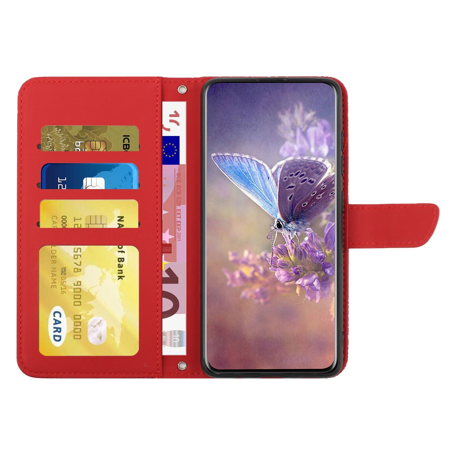 For Samsung Galaxy S20 Plus 4G/5G Butterfly Flower Pattern Imprinted Folding Stand Case Skin-touch Feeling PU Leather Wallet Style Flip Cover with Strap - Red