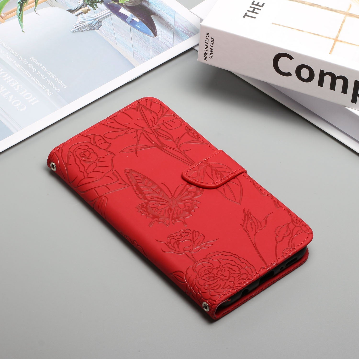 For Samsung Galaxy S20 Plus 4G/5G Butterfly Flower Pattern Imprinted Folding Stand Case Skin-touch Feeling PU Leather Wallet Style Flip Cover with Strap - Red