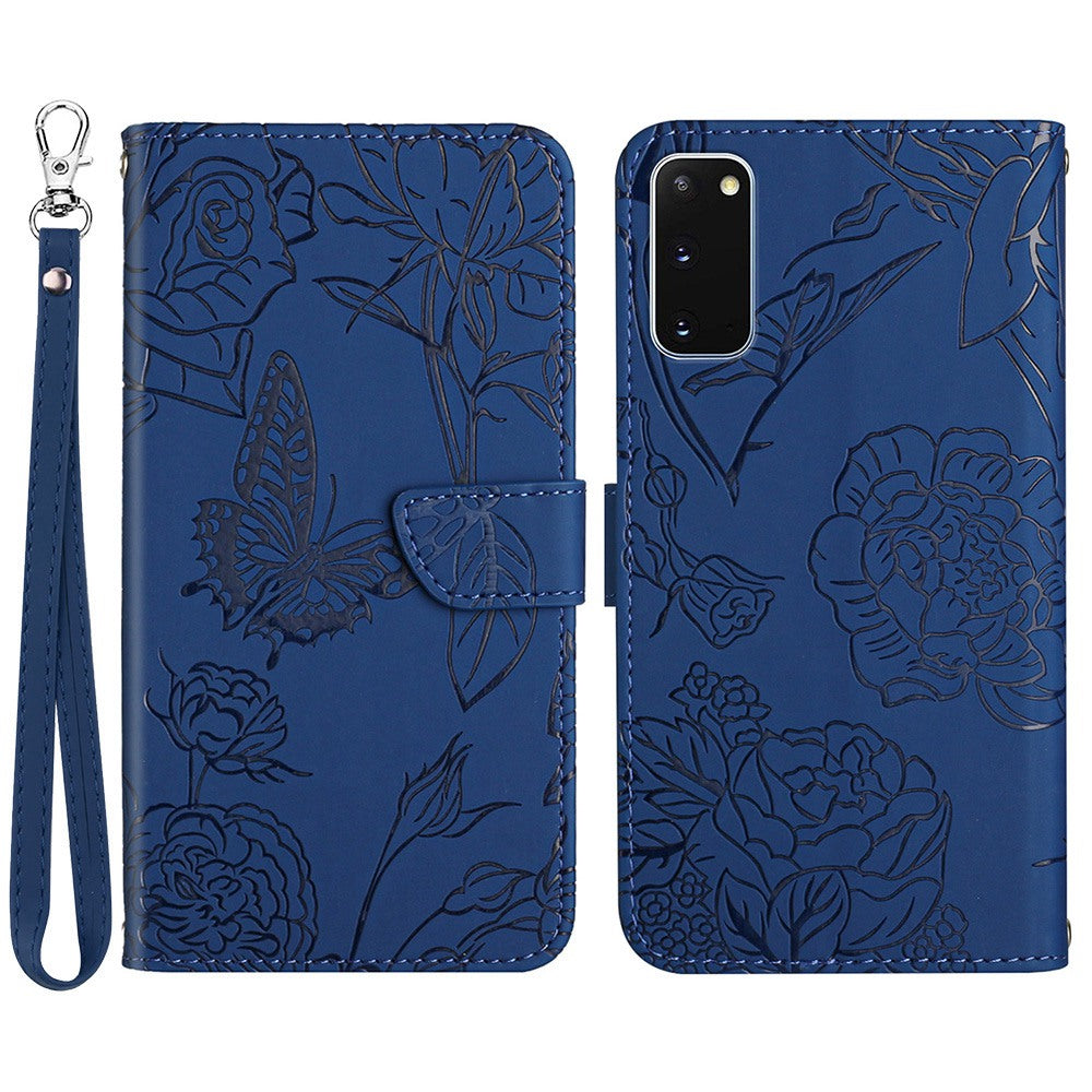 For Samsung Galaxy S20 4G/5G Skin-touch Feeling PU Leather Case Butterfly Flower Pattern Imprinted Stand Wallet Soft TPU Book Cover with Strap - Blue