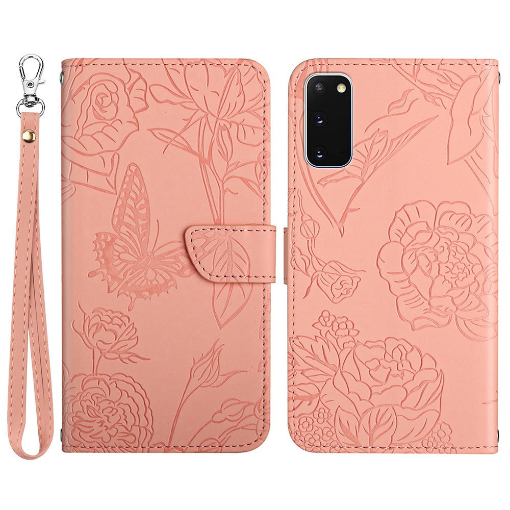 For Samsung Galaxy S20 4G/5G Skin-touch Feeling PU Leather Case Butterfly Flower Pattern Imprinted Stand Wallet Soft TPU Book Cover with Strap - Pink