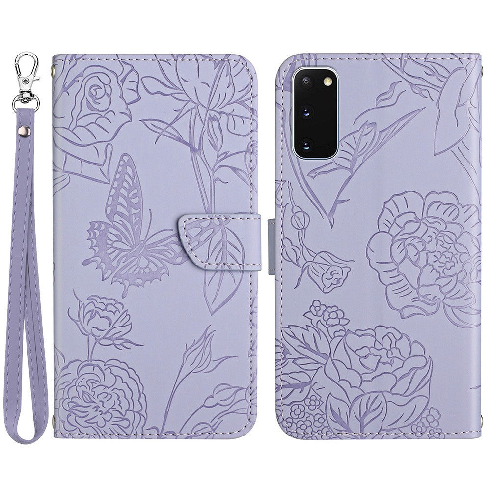 For Samsung Galaxy S20 4G/5G Skin-touch Feeling PU Leather Case Butterfly Flower Pattern Imprinted Stand Wallet Soft TPU Book Cover with Strap - Light Purple