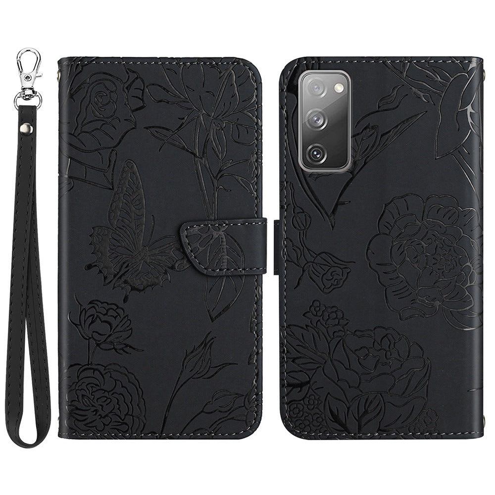 For Samsung Galaxy S20 FE 2022/S20 FE/S20 Fan Edition/S20 FE 5G/S20 Fan Edition 5G Butterfly Flower Imprinted Wallet Flip Case PU Leather Wrist Strap Stand Skin-touch Feeling Phone Cover - Black