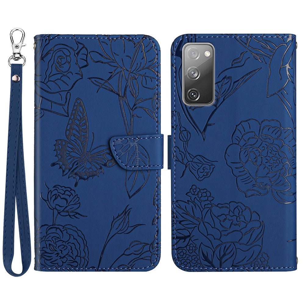 For Samsung Galaxy S20 FE 2022/S20 FE/S20 Fan Edition/S20 FE 5G/S20 Fan Edition 5G Butterfly Flower Imprinted Wallet Flip Case PU Leather Wrist Strap Stand Skin-touch Feeling Phone Cover - Blue