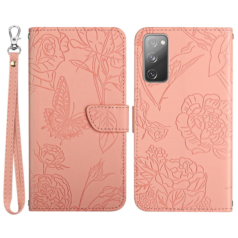 For Samsung Galaxy S20 FE 2022/S20 FE/S20 Fan Edition/S20 FE 5G/S20 Fan Edition 5G Butterfly Flower Imprinted Wallet Flip Case PU Leather Wrist Strap Stand Skin-touch Feeling Phone Cover - Pink