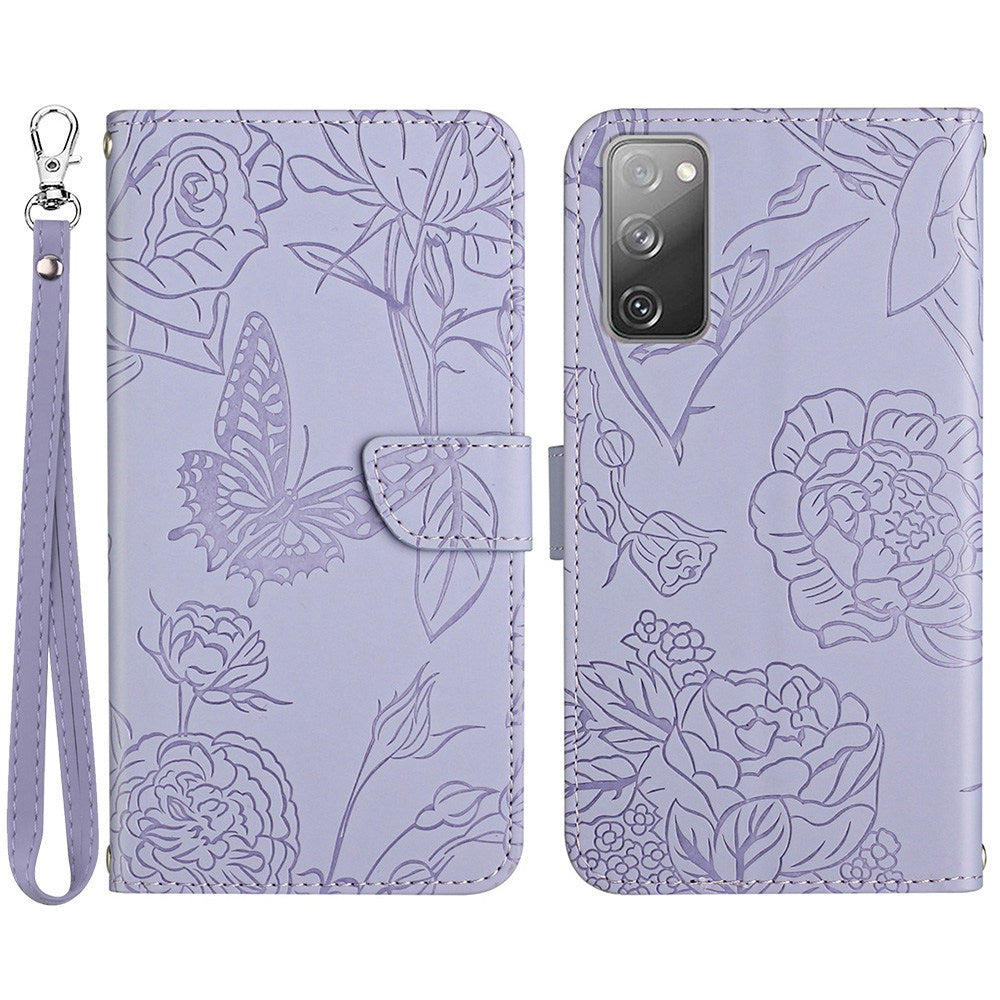 For Samsung Galaxy S20 FE 2022/S20 FE/S20 Fan Edition/S20 FE 5G/S20 Fan Edition 5G Butterfly Flower Imprinted Wallet Flip Case PU Leather Wrist Strap Stand Skin-touch Feeling Phone Cover - Light Purple