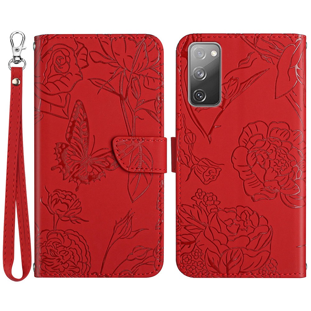 For Samsung Galaxy S20 FE 2022/S20 FE/S20 Fan Edition/S20 FE 5G/S20 Fan Edition 5G Butterfly Flower Imprinted Wallet Flip Case PU Leather Wrist Strap Stand Skin-touch Feeling Phone Cover - Red