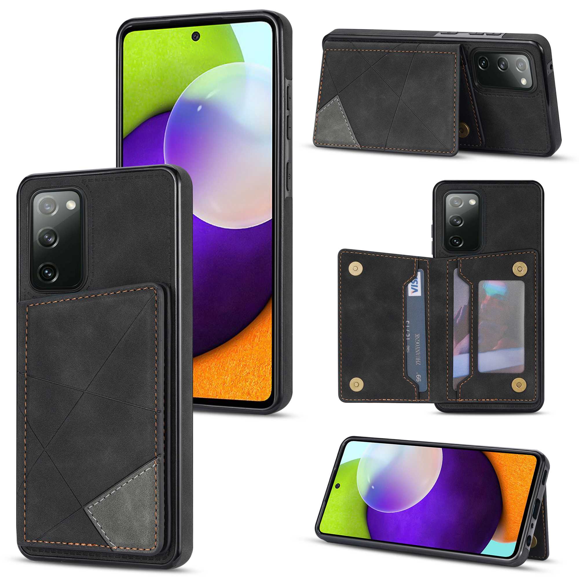 For Samsung Galaxy S20 FE 2022/S20 FE 4G/5G/S20 Lite Line Splicing Imprinting Shockproof Card Pocket Kickstand Design Protector PU Leather Phone Cover - Black